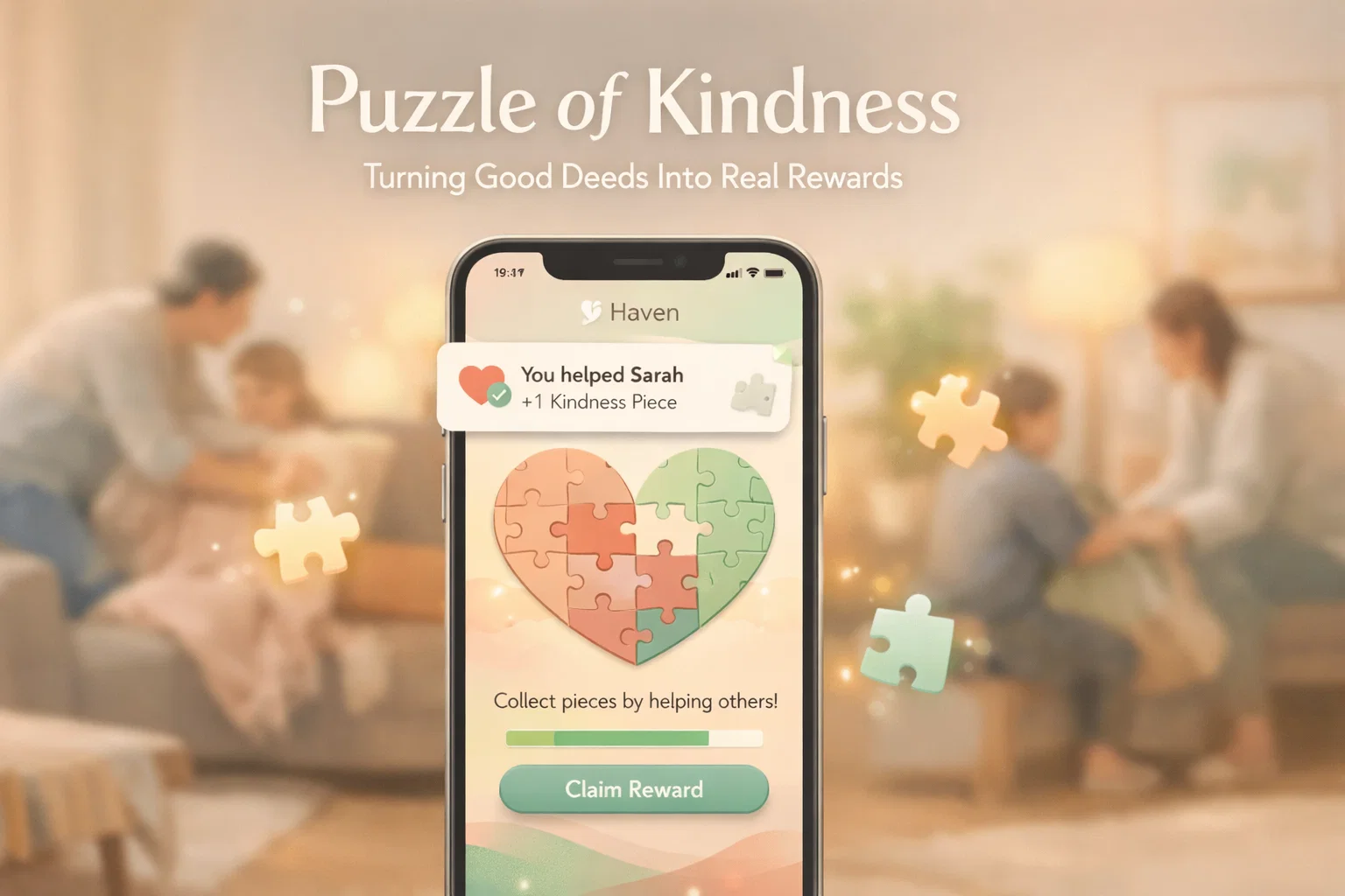 Haven puzzle of kindness app interface showing rewards for helping community members