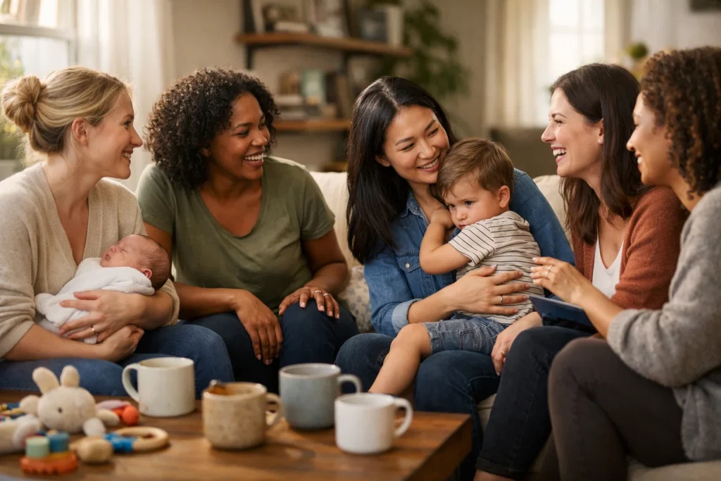 4 moms with their children meeting through a support community for moms