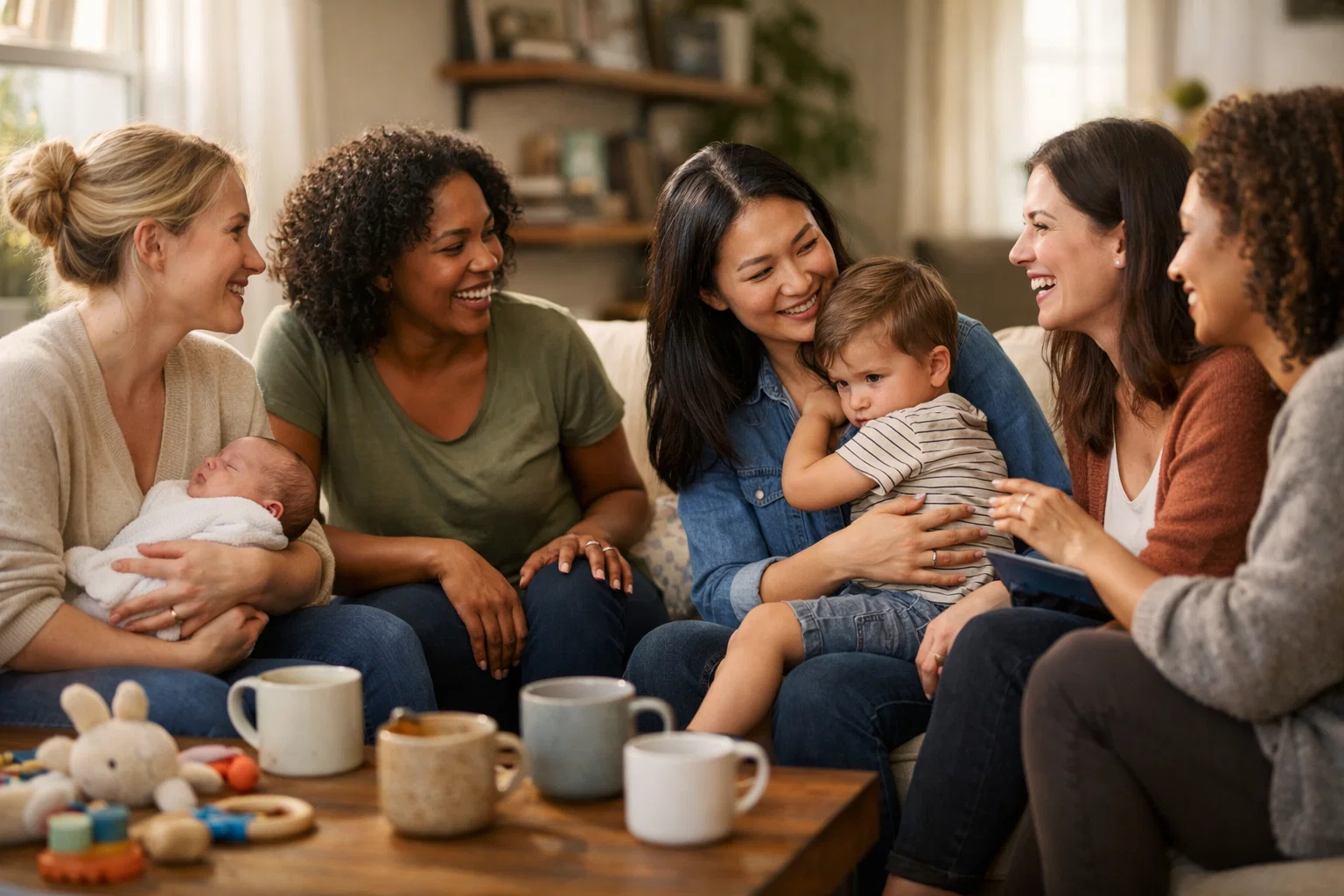 4 moms with their children meeting through a support community for moms