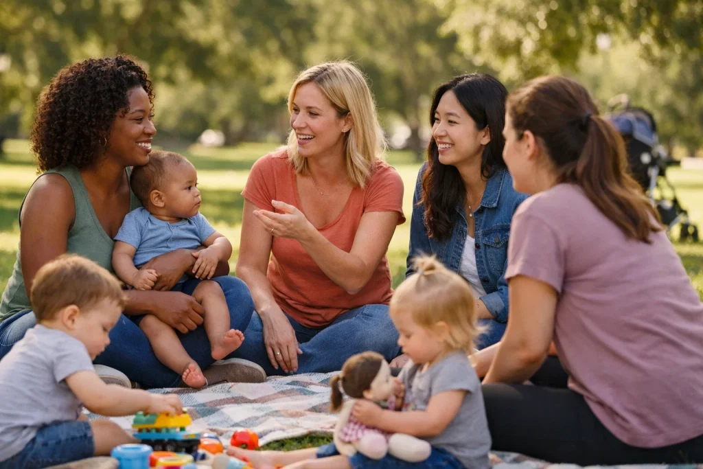 moms gather on a place with their children in a park